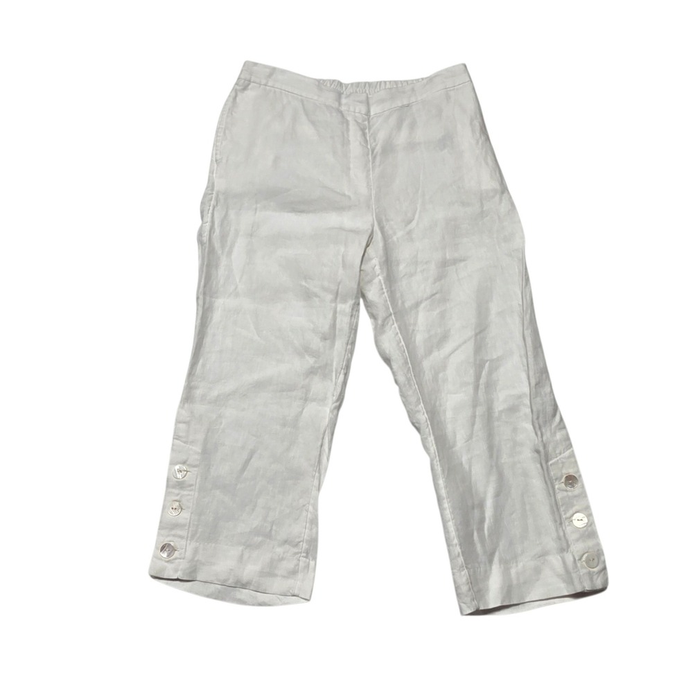 Chico's Pull On Linen Crop Pants Womens 12 White 100% Linen Button Hem